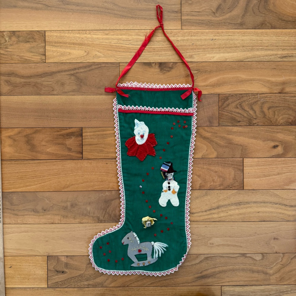 Vtg Homemade Christmas Stocking Corduroy Clown Snowman Horse 1950s Green‎